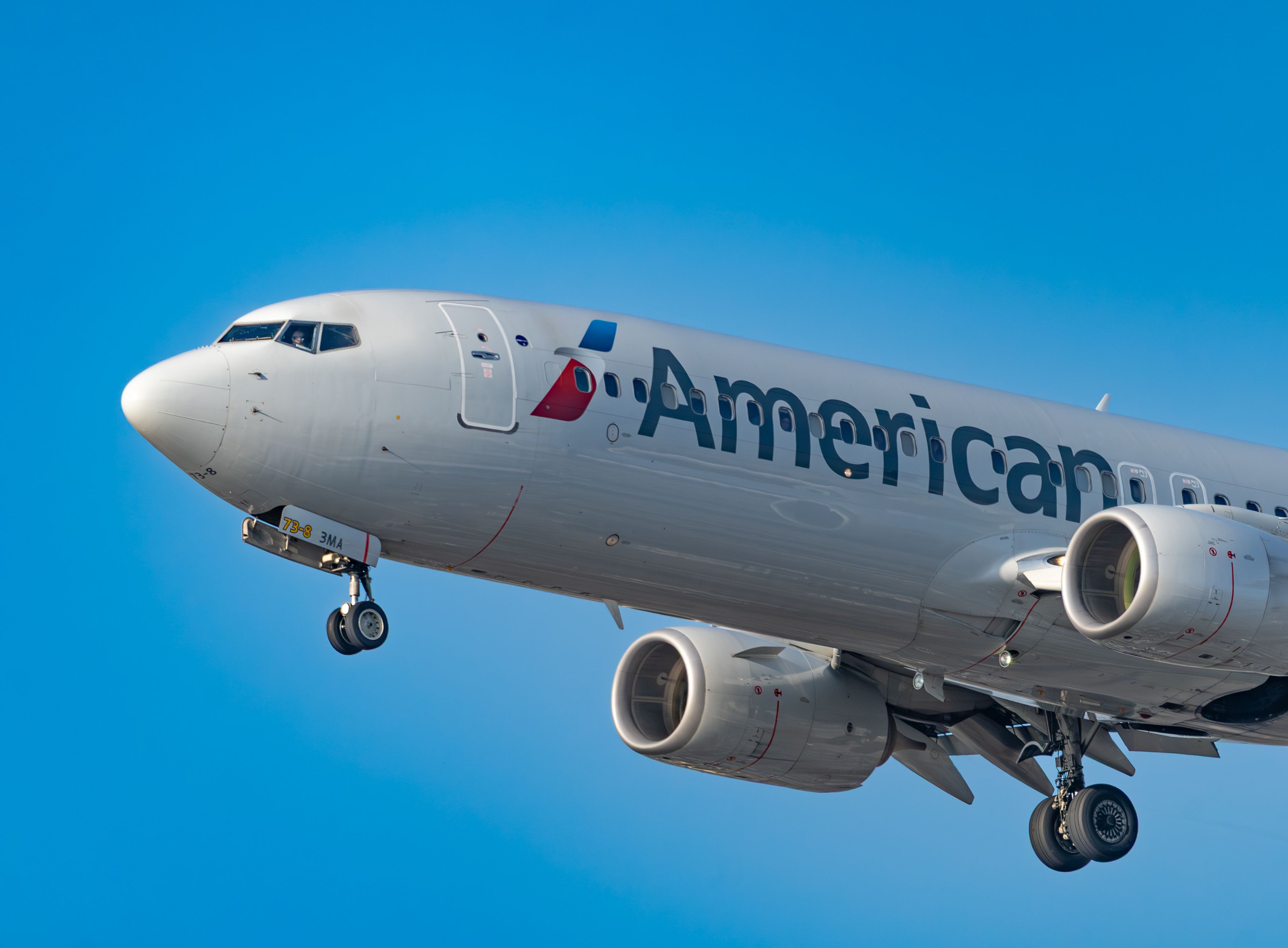 Close-up of an American Airlines Boeing 737 during landing at Los Angeles International Airport.